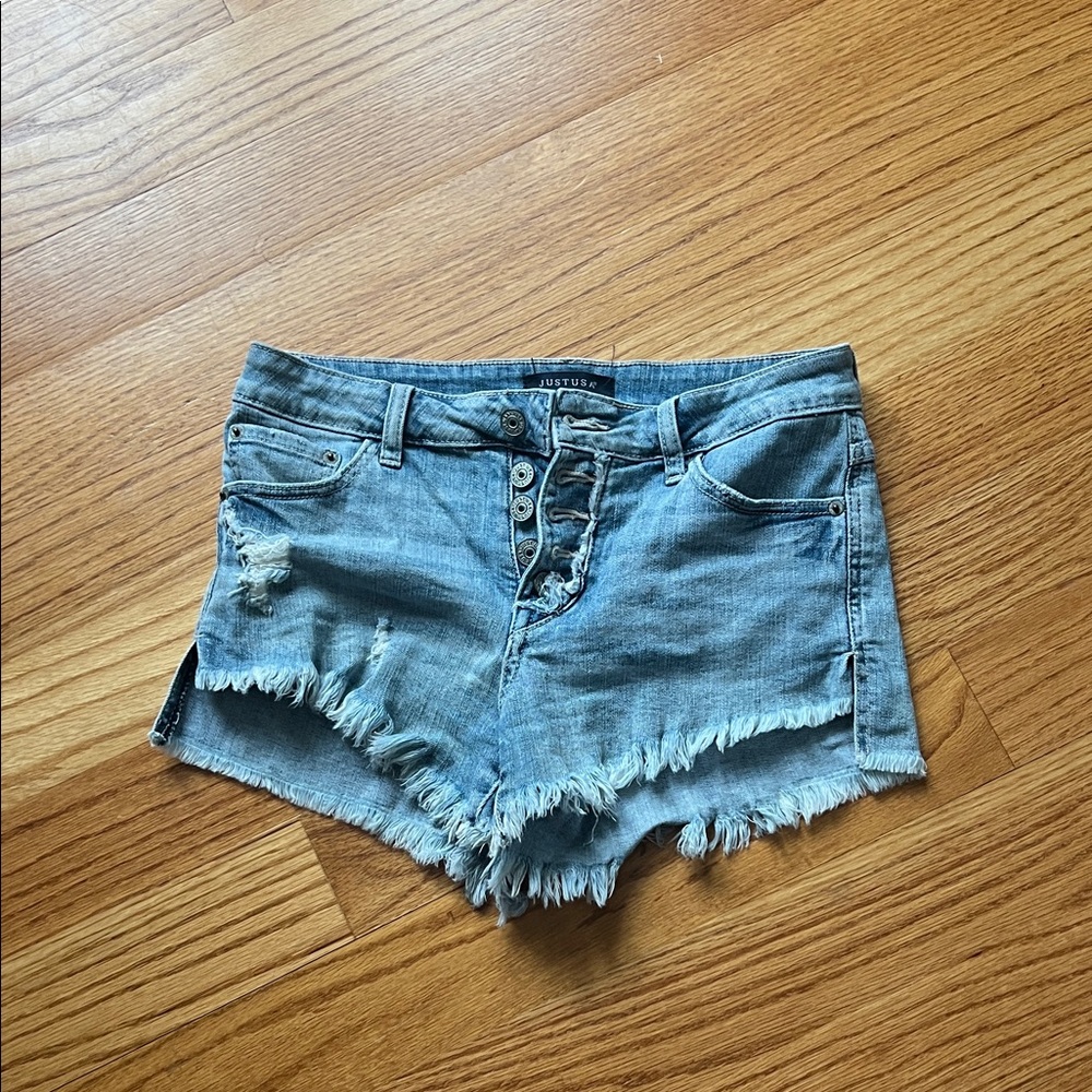 Just USA Light Blue Frayed Jean Shorts size 25 step hem sexy stretchy